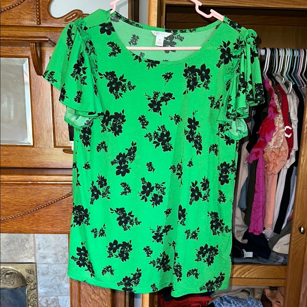 Cato Green and Black Ruffled Short Sleeve Blouse